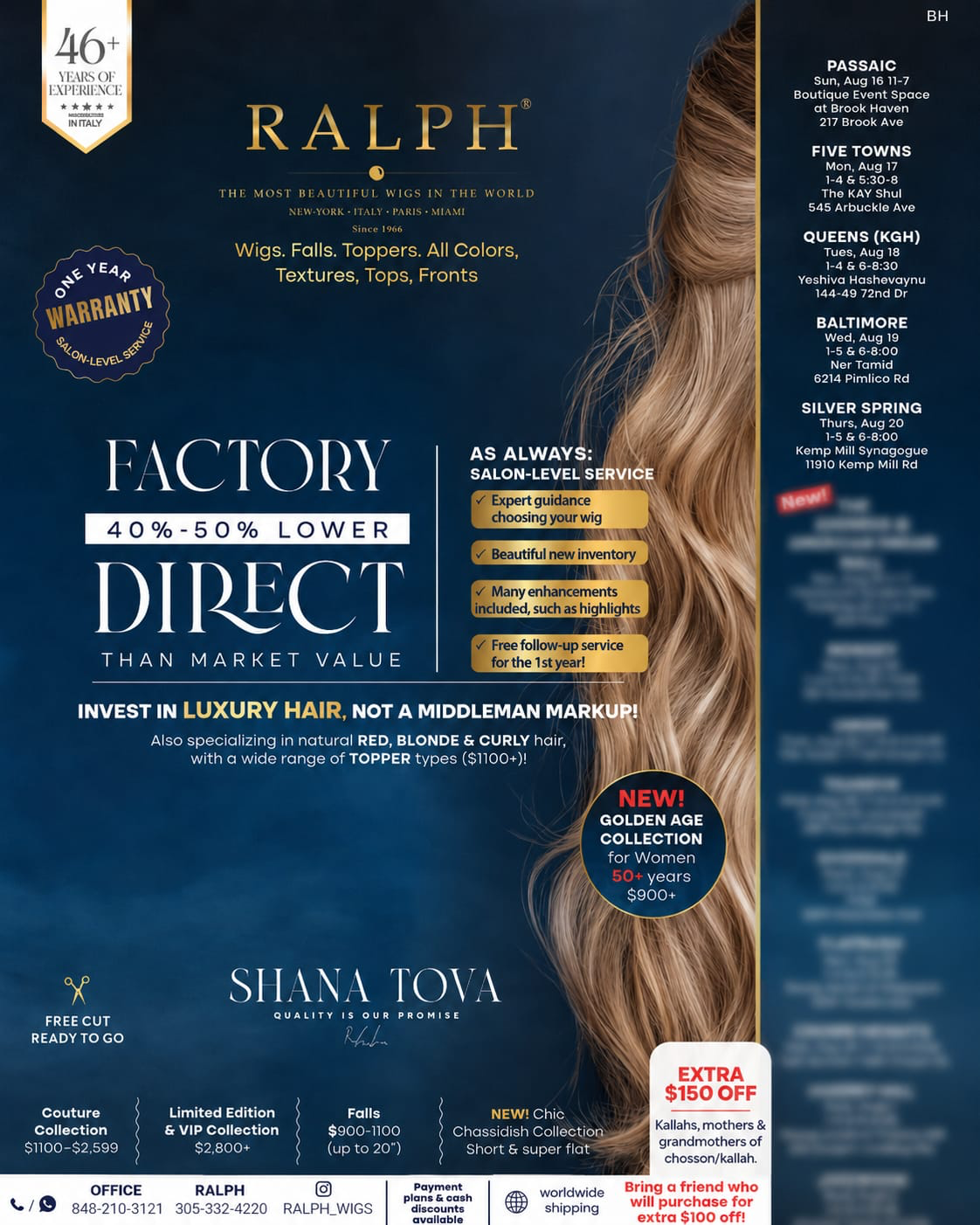 RALPH Pre-Rosh Hashanah Tour flyer with event dates, factory-direct pricing and collection details